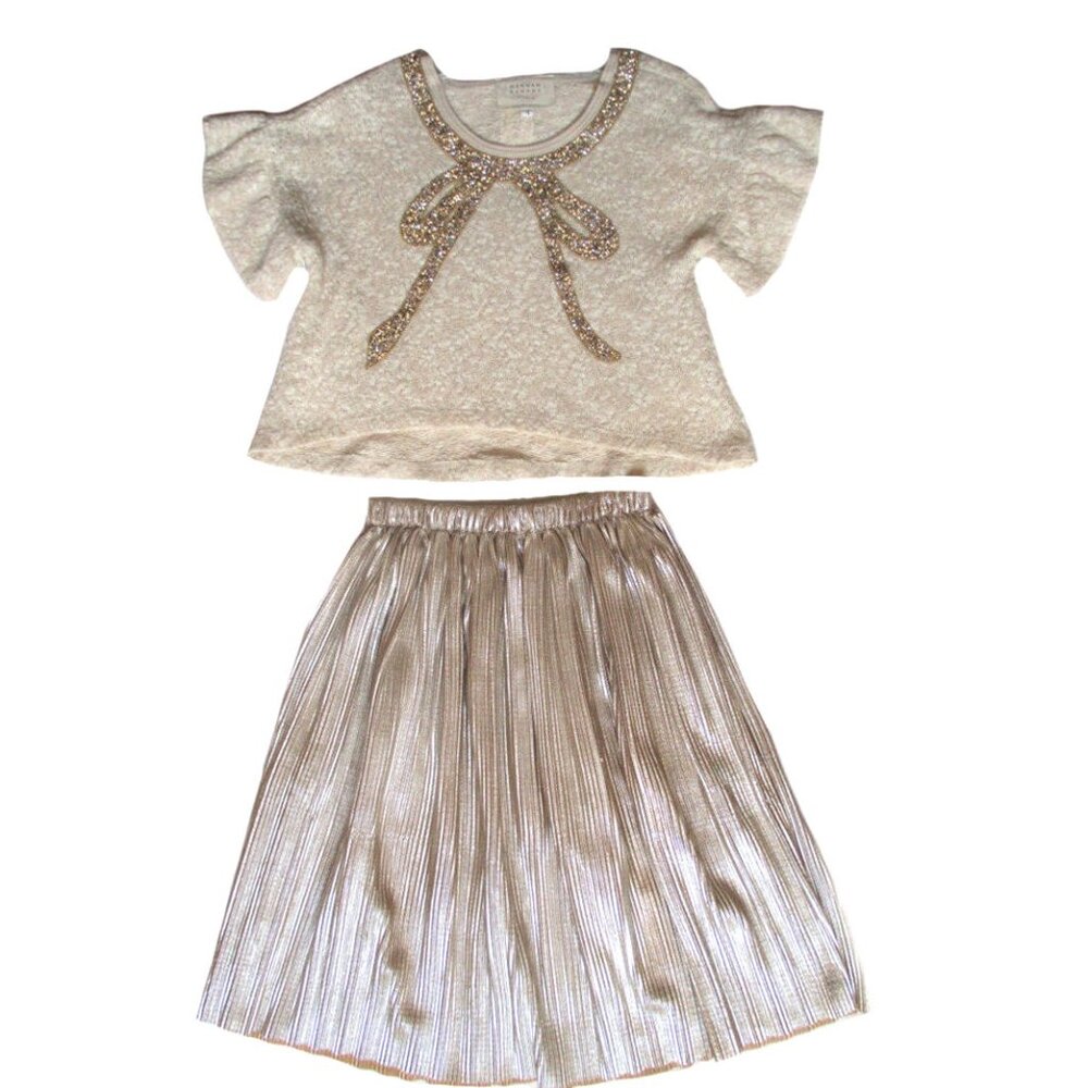 Girls Hannah Banana 2pc Beige‎ & Gold Bow Top & Midi Skirt Outfit 5 NWT Easter